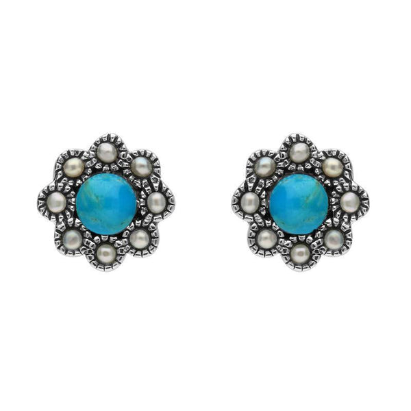 Sterling Silver Turquoise pearl Round Edge Bead Stud Earrings, E1635