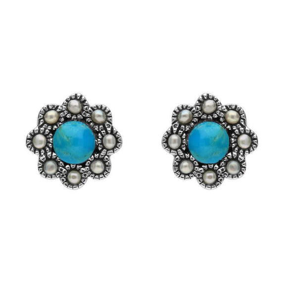 Sterling Silver Turquoise pearl Round Edge Bead Stud Earrings, E1635