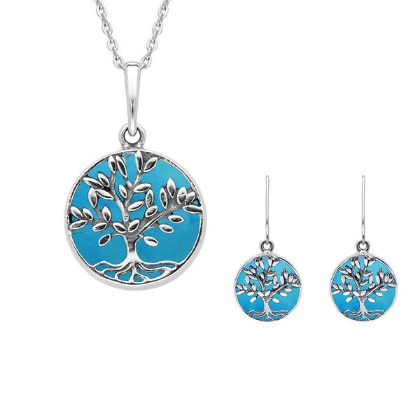 Sterling Silver Turquoise Round Large Leaves Tree of Life Two Piece Set, S062.