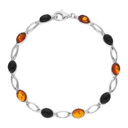 Sterling Silver Whitby Jet Amber Ten Stone Oval Bracelet, B654.