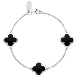Sterling Silver Whitby Jet Bloom Four Leaf Clover Chain Bracelet, B1196