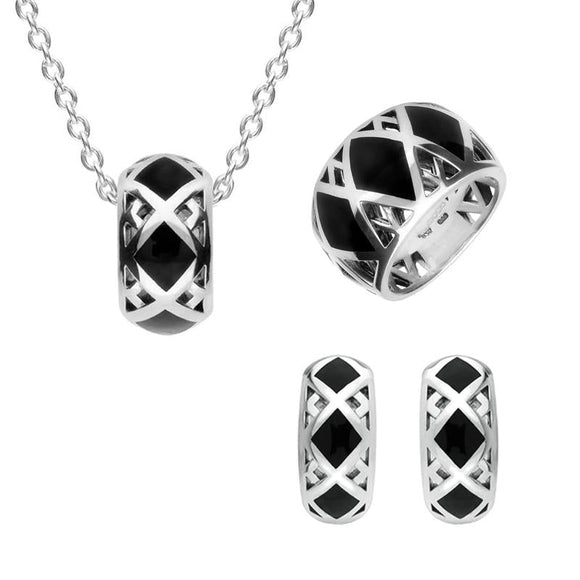Sterling Silver Whitby Jet Curved Crossover Three Piece Set P2712 E2023 B995