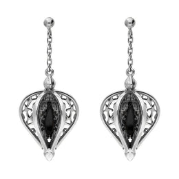 Sterling Silver Whitby Jet Flore Filigree Drop Earrings E1781