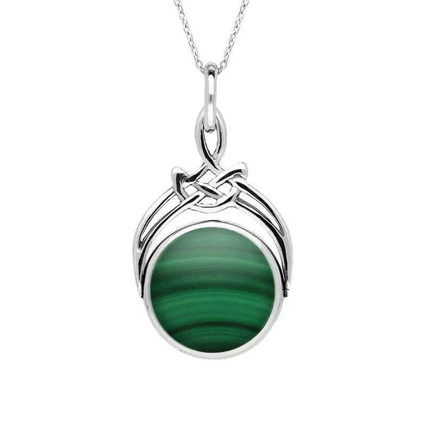 Sterling Silver Whitby Jet Malachite Cradle Round Swivel Fob Necklace, P258_12.