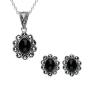 Sterling Silver Whitby Jet Marcasite Oval Beaded Edge Two Piece Set