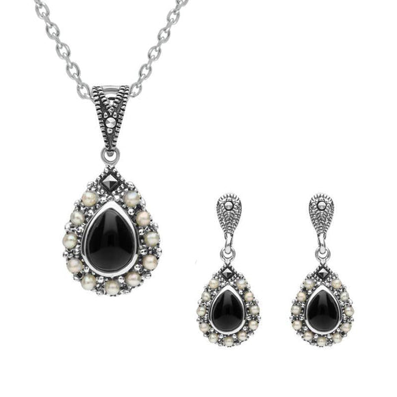 Sterling Silver Whitby Jet Marcasite Pearl Pear Drop Two Piece Set