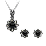 Sterling Silver Whitby Jet Pearl Round Bead Edge Two Piece Set