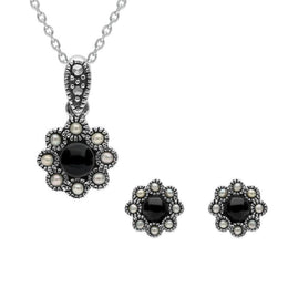 Sterling Silver Whitby Jet Pearl Round Bead Edge Two Piece Set