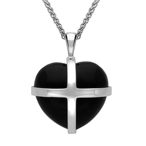 Sterling Silver Whitby Jet Medium Cross Heart Necklace