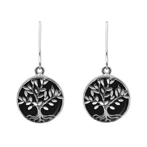 Sterling Silver Whitby Jet Round Large Leaves Tree of Life Two Piece Set, S062.