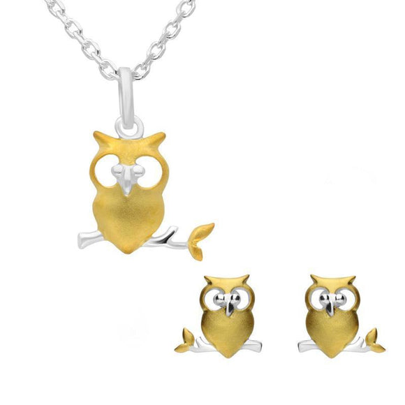 Sterling Silver Yellow Gold Owl Branch Two Piece Set, S138.