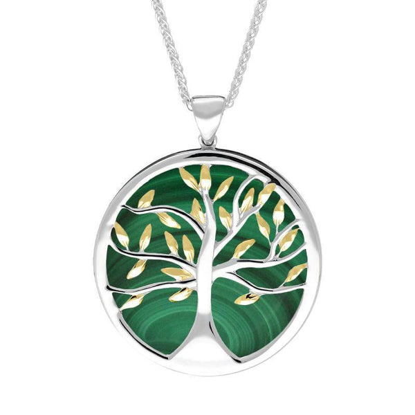 Sterling Silver Yellow Gold Plated Malachite Large Round Tree of Life Necklace, P3418.