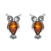 Sterling Silver Amber Cubic Zirconia Owl Stud Earrings, E2327.