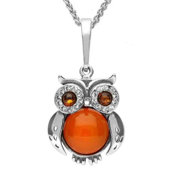 Sterling Silver Amber Cubic Zirconia Owl Necklace, P3153.