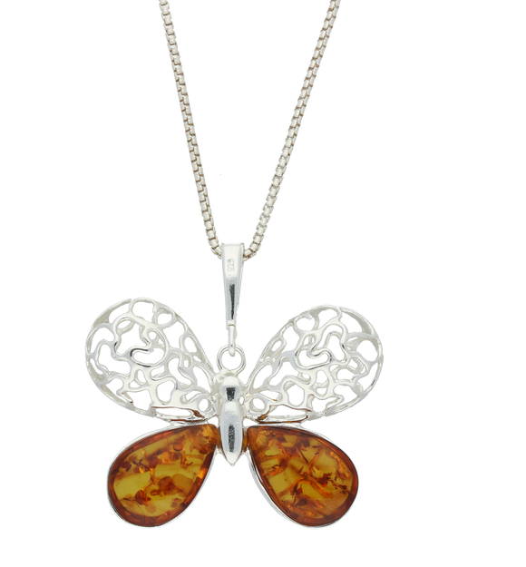Sterling Silver Amber Filigree Butterfly Necklace, P2480.