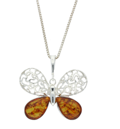 Sterling Silver Amber Filigree Butterfly Necklace, P2480.