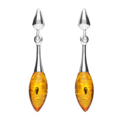 Sterling Silver Amber Long Slim Marquise Drop Stud Earrings. E2343.