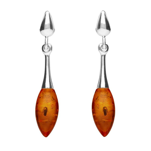 Sterling Silver Amber Long Slim Marquise Drop Stud Earrings. e2342.