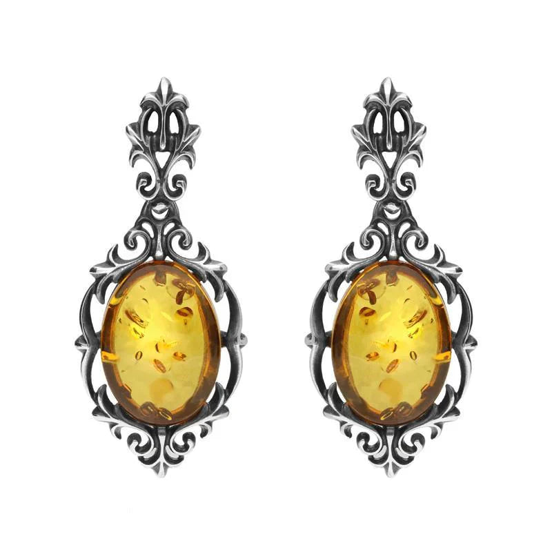 Sterling Silver Amber Oval Drop Earrings. E1570.