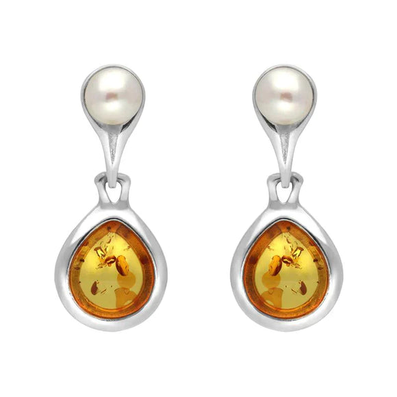 Sterling Silver Amber Pearl Drop Earrings, E1892.