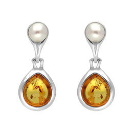 Sterling Silver Amber Pearl Drop Earrings, E1892.