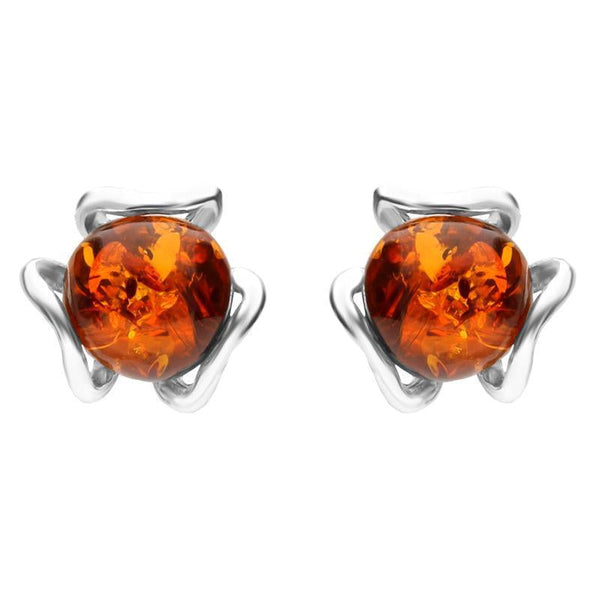 Sterling Silver Amber Round Petal Detail Stud Earrings, E2336.