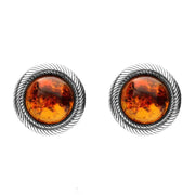 Sterling Silver Amber Round Rope Framed Stud Earrings. E2346.