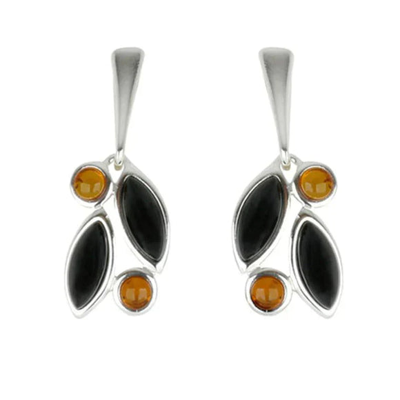 Sterling Silver Baltic Amber Whitby Jet Drop Earrings E1803