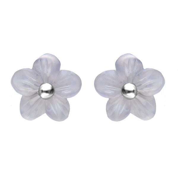 Sterling Silver Blue Chalcedony Tuberose Pansy Stud Earrings, E2152.