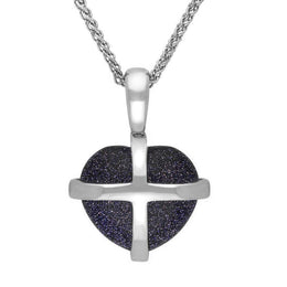 Sterling Silver Blue Goldstone Small Cross Heart Necklace P1544