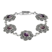 Sterling Silver Blue John Marcasite Flower link Bracelet. B879