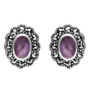 Sterling Silver Blue John Marcasite Oval Beaded Edge Stud Earrings