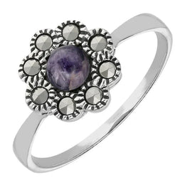 Sterling Silver Blue John Marcasite Round Beaded Edge Ring, R806.