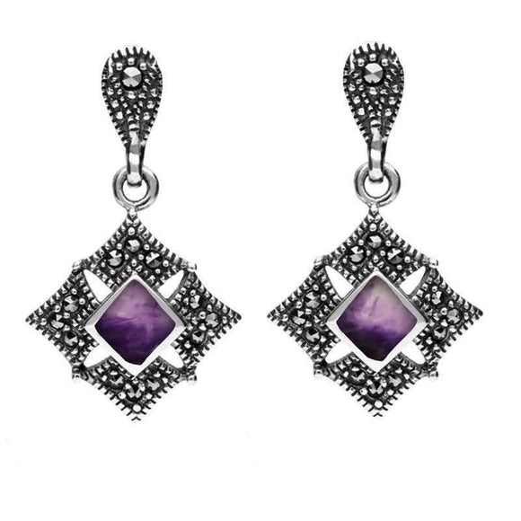 Sterling Silver Blue John Marcasite Square Drop Stud Earrings E1644