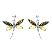 Sterling Silver Green Amber Cubic Zirconia Dragonfly Drop Earrings E2326