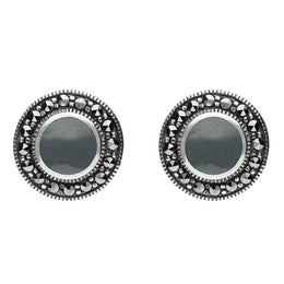 Sterling Silver Hematite Marcasite Round Beaded Edge Stud Earrings E1633