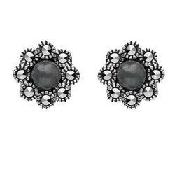 Sterling Silver Hematite Marcasite Round Edge Bead Stud Earrings E1635