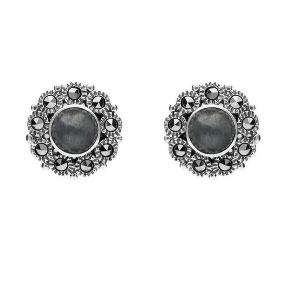 Sterling Silver Hematite Marcasite Round Stud Earrings E1634