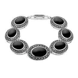 Silver Whitby Jet and Marcasite 7 Oval Link Bracelet. B877.