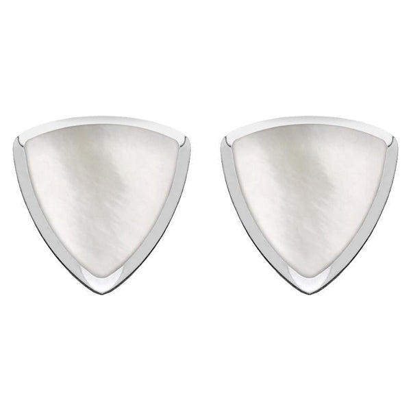 Sterling Silver Mother of Pearl Curved Triangle Stud Earrings. E203.