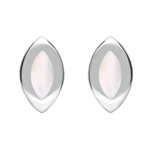 Sterling Silver Mother of Pearl Framed Marquise Stud Earrings. E561.