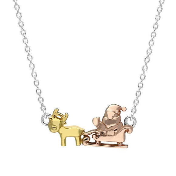 Sterling Silver Rose Yellow Gold Santa Reindeer Necklace N1047