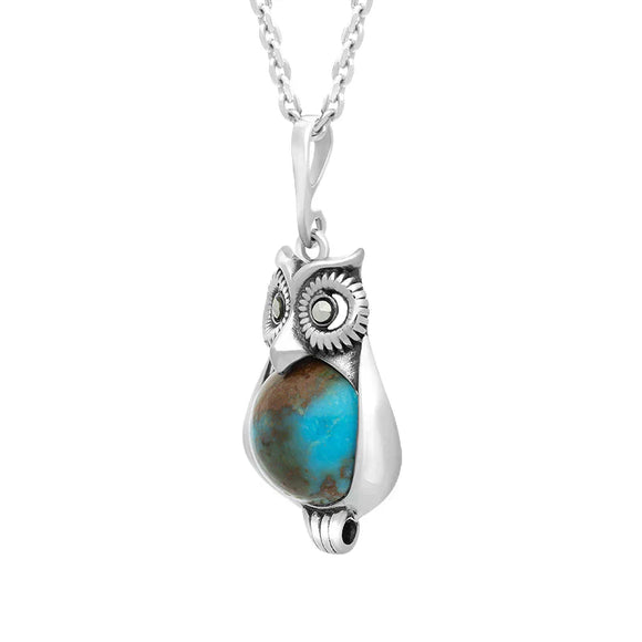 Sterling Silver Turquoise Marcasite Small Owl Necklace