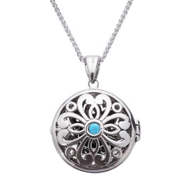 Sterling Silver Turquoise Marcasite Round Floral Locket Necklace. P2150.