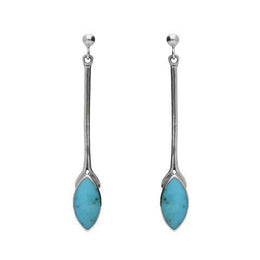 Sterling Silver Turquoise Marquise Long Drop Earrings. E131.