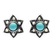 Sterling Silver Turquoise Pearl 6 Point Star Stud Earrings. E1638.