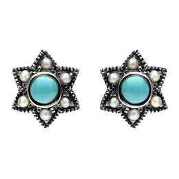 Sterling Silver Turquoise Pearl 6 Point Star Stud Earrings. E1638.