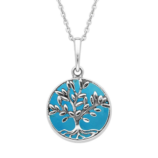Sterling Silver Turquoise Small Round Large Leaves Tree of Life Necklace P3340