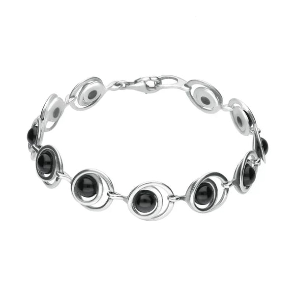 Sterling Silver Whitby Jet 11 Stone Round Swirl Bracelet, B1019