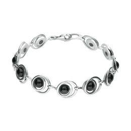 Sterling Silver Whitby Jet 11 Stone Round Swirl Bracelet, B1019